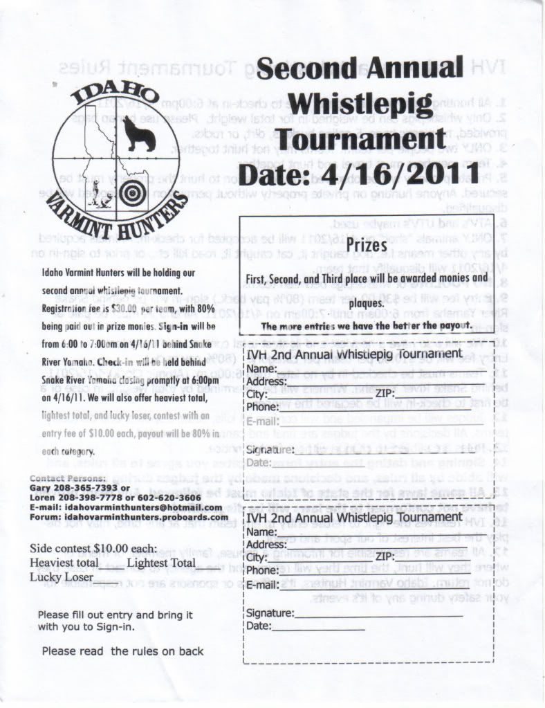 2011 Whistlepig Registration & Rules Idaho Varmint Hunters