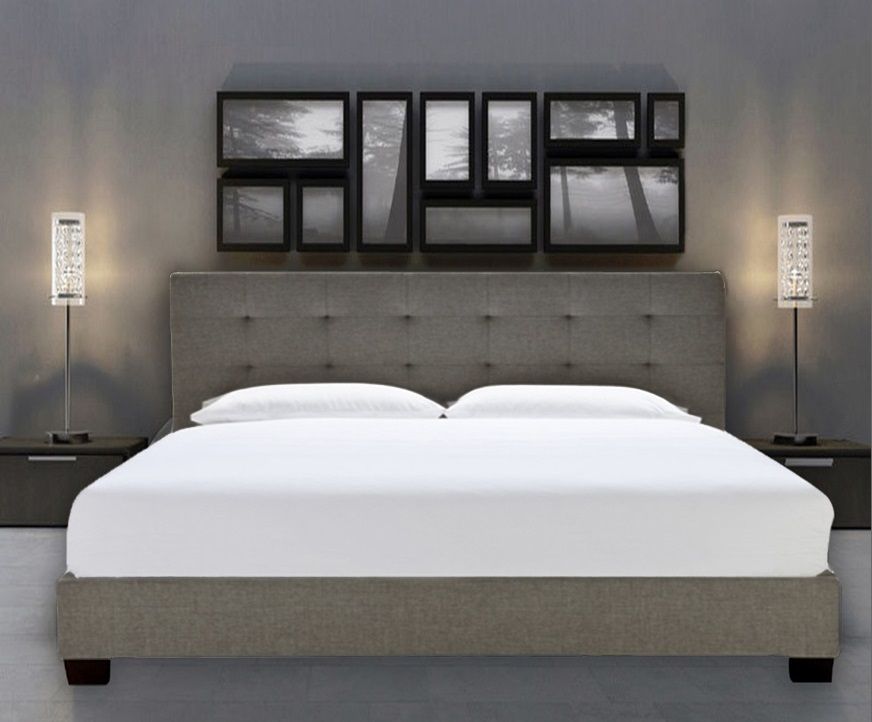 ALEXIS DOUBLE QUEEN SIZE GREY OR LIGHT BEIGE WHITE LINEN FABRIC WOODEN