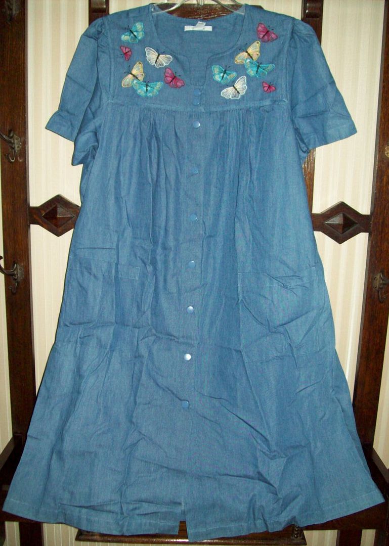 NWT GO SOFTLY 100 COTTON DENIM SNAP FRONT HOUSE DRESS MUU BUTTERFLY