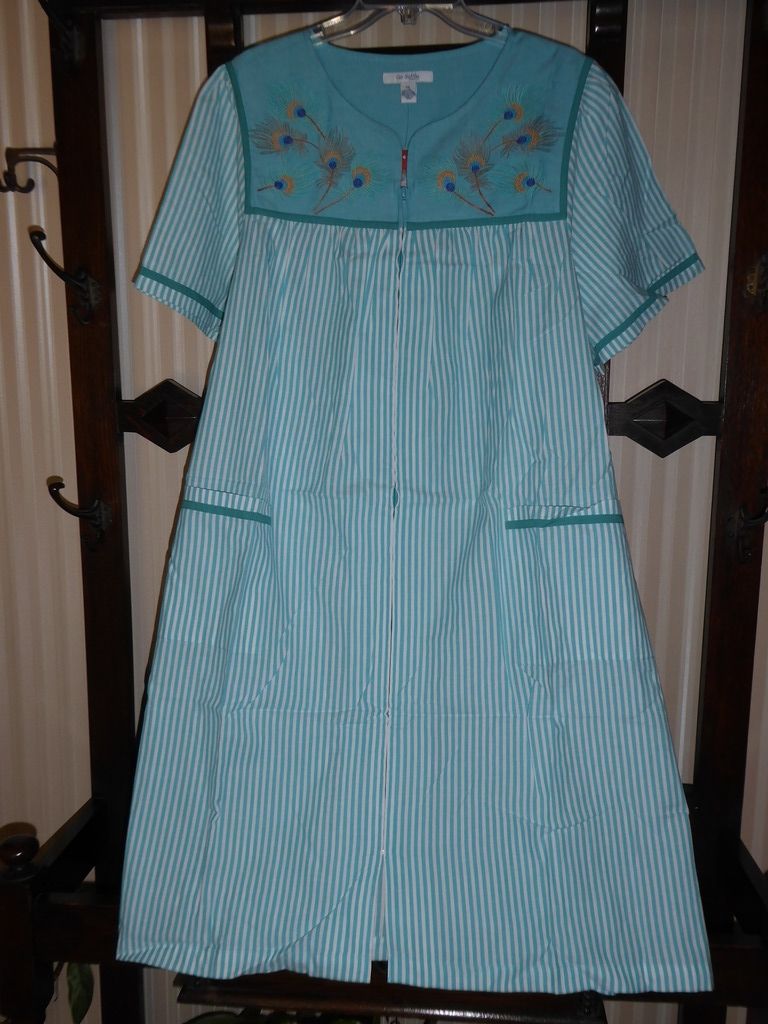 NWT GO SOFTLY 100 COTTON ZIP PATIO DRESS MUU CHAMBRAY STRIPE AQUA