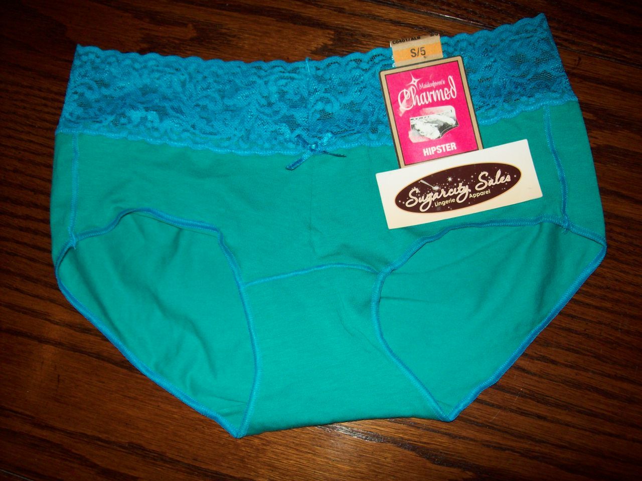 NWT MAIDENFORM CHARMED COTTON HIPSTER PANTIES w LACE WBAND GREEN TURQ